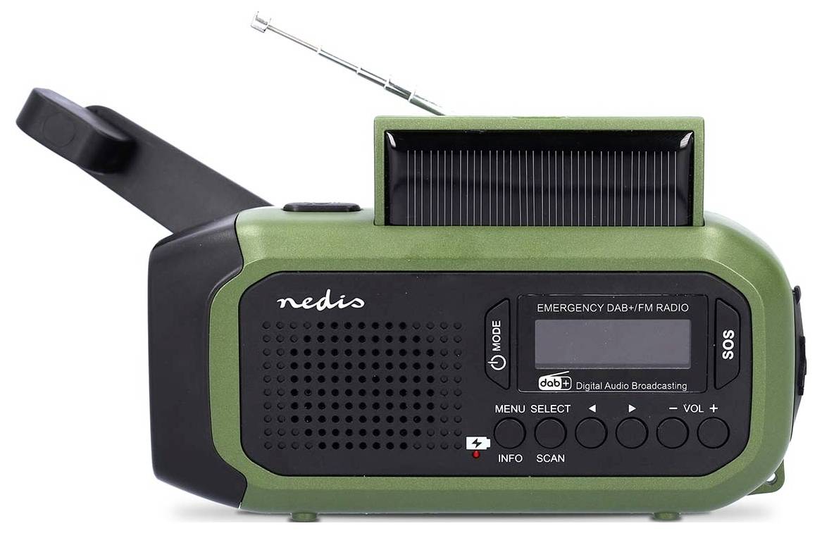 A green emergency radio with a hand crank, solar panel, and digital display. Buttons for mode, scan, and volume are visible.
