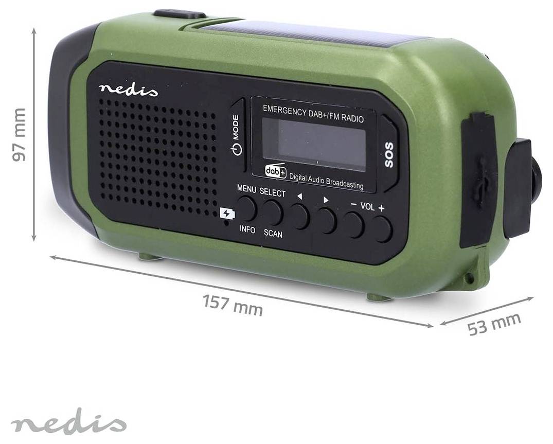 A green emergency DAB+ FM radio with buttons labeled 'MENU', 'SELECT', 'VOL+', 'VOL-', and an 'SOS' label. Dimensions are 157 mm by 97 mm by 53 mm.