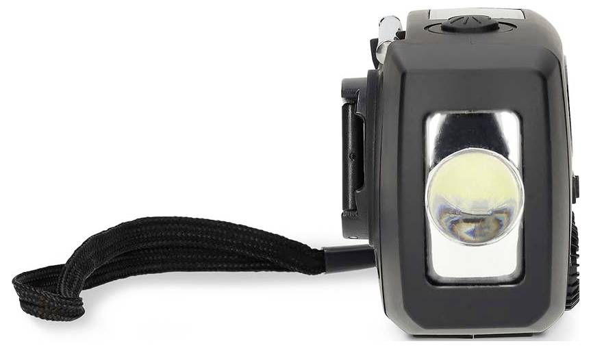 A black handheld flashlight with a strap attached, featuring a round lens on the front for focusing the light.