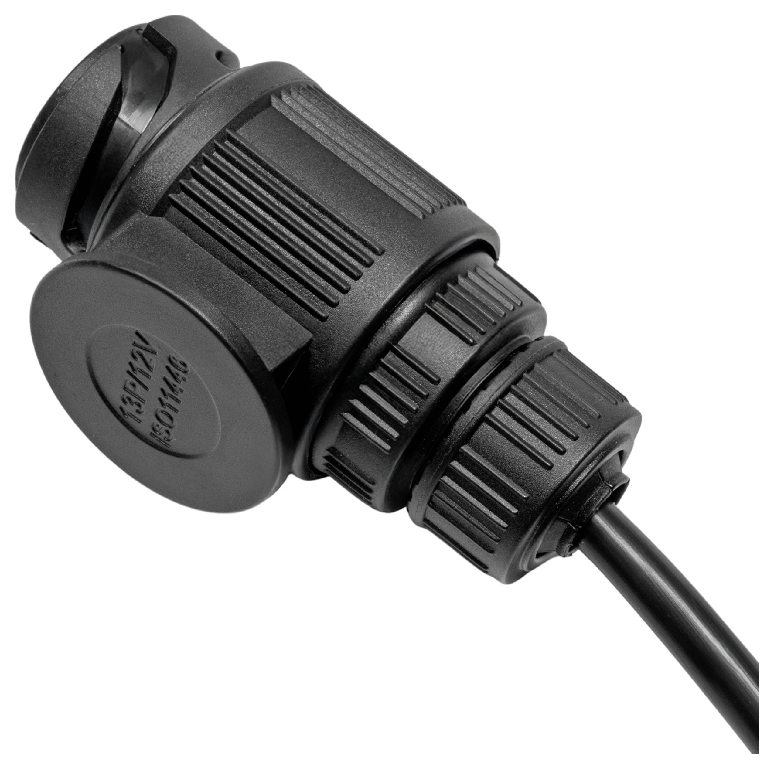 A black coaxial connector with ridged cylindrical design and a cable attached, used for audio, video, or data transmission.