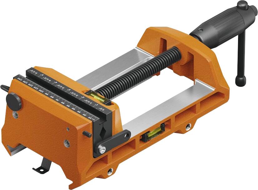 An orange and black woodworking vise with a handle, ruler guide, and leveling bubble, used for securing materials in place during projects.