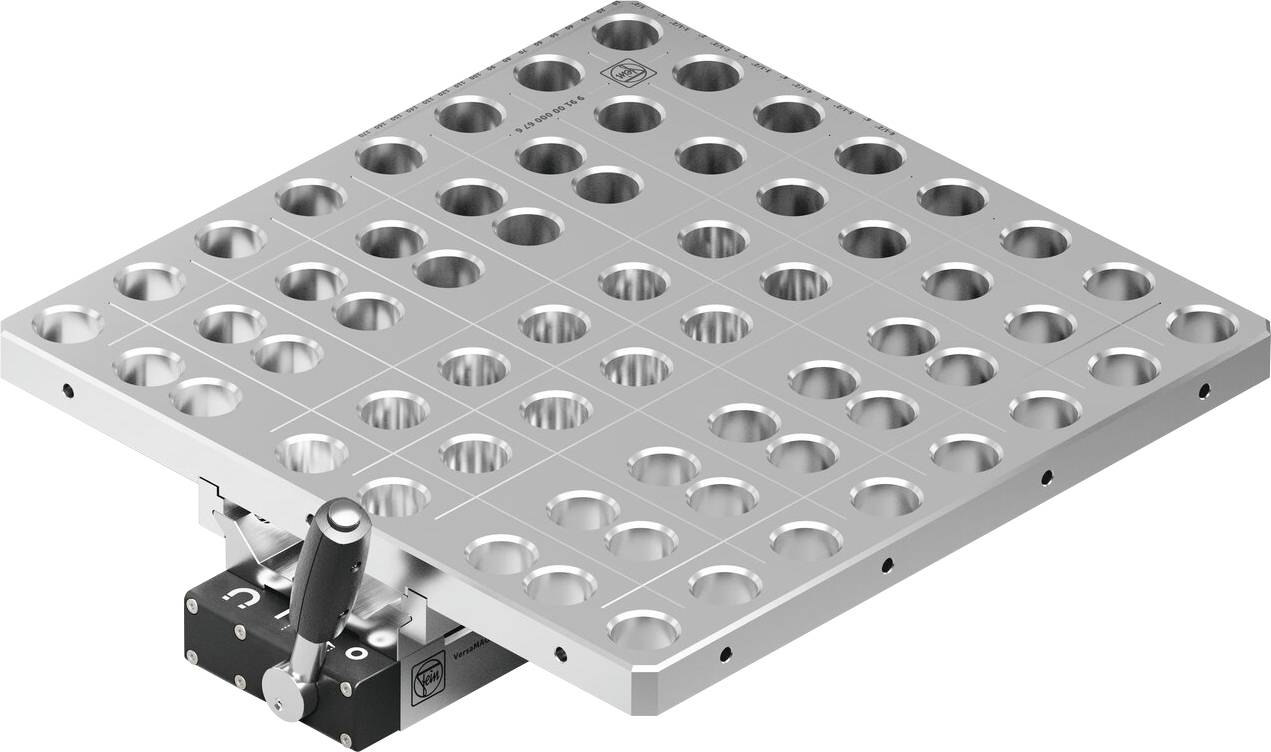 'Metal perforated plate with grid of holes and attached lever, used for industrial or mechanical applications.'