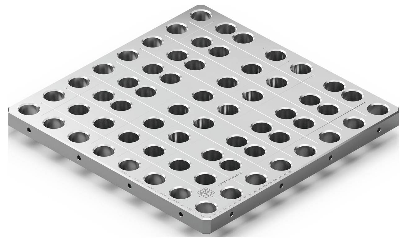 'A grid-like aluminum plate with multiple circular holes arranged evenly across its surface.'