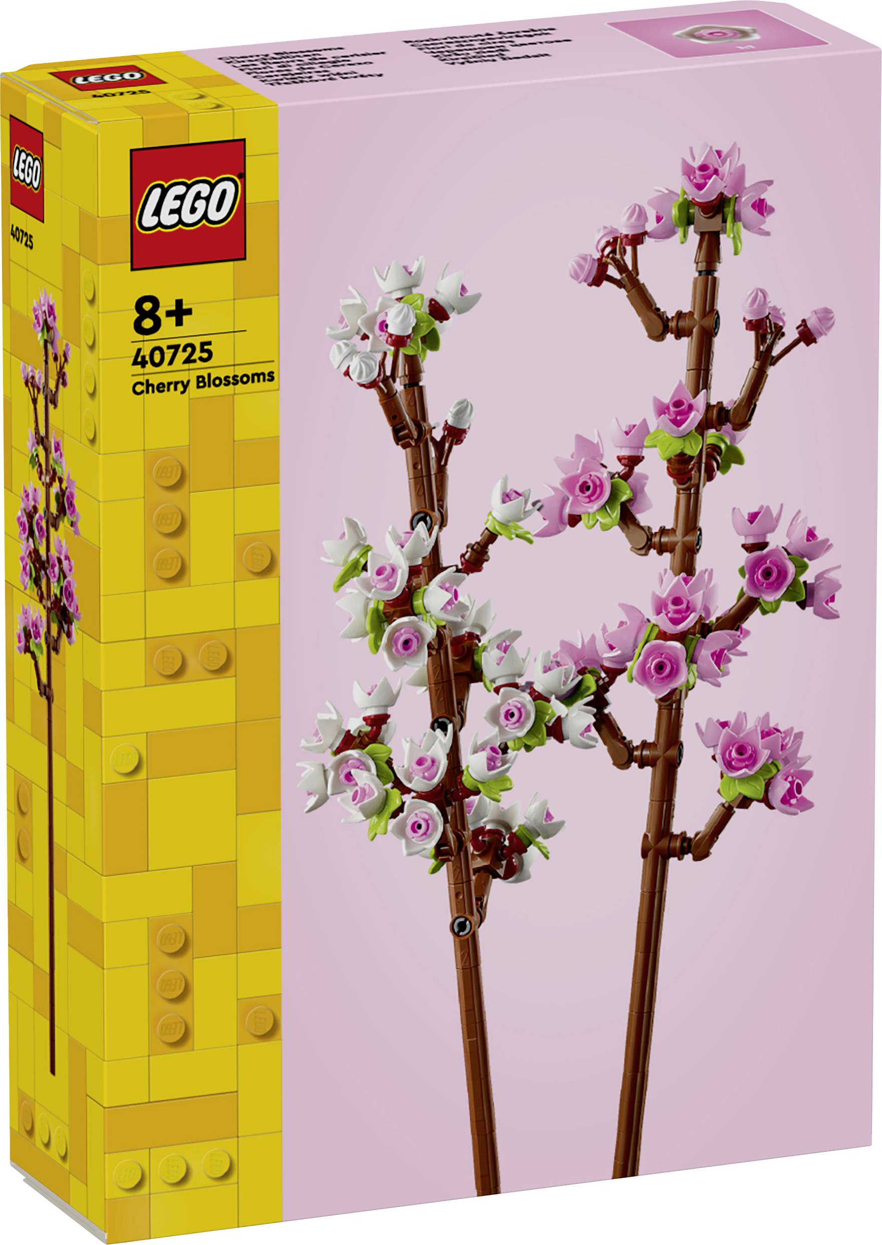 LEGO set 40725 for ages 8+, features cherry blossom branches with pink flowers.