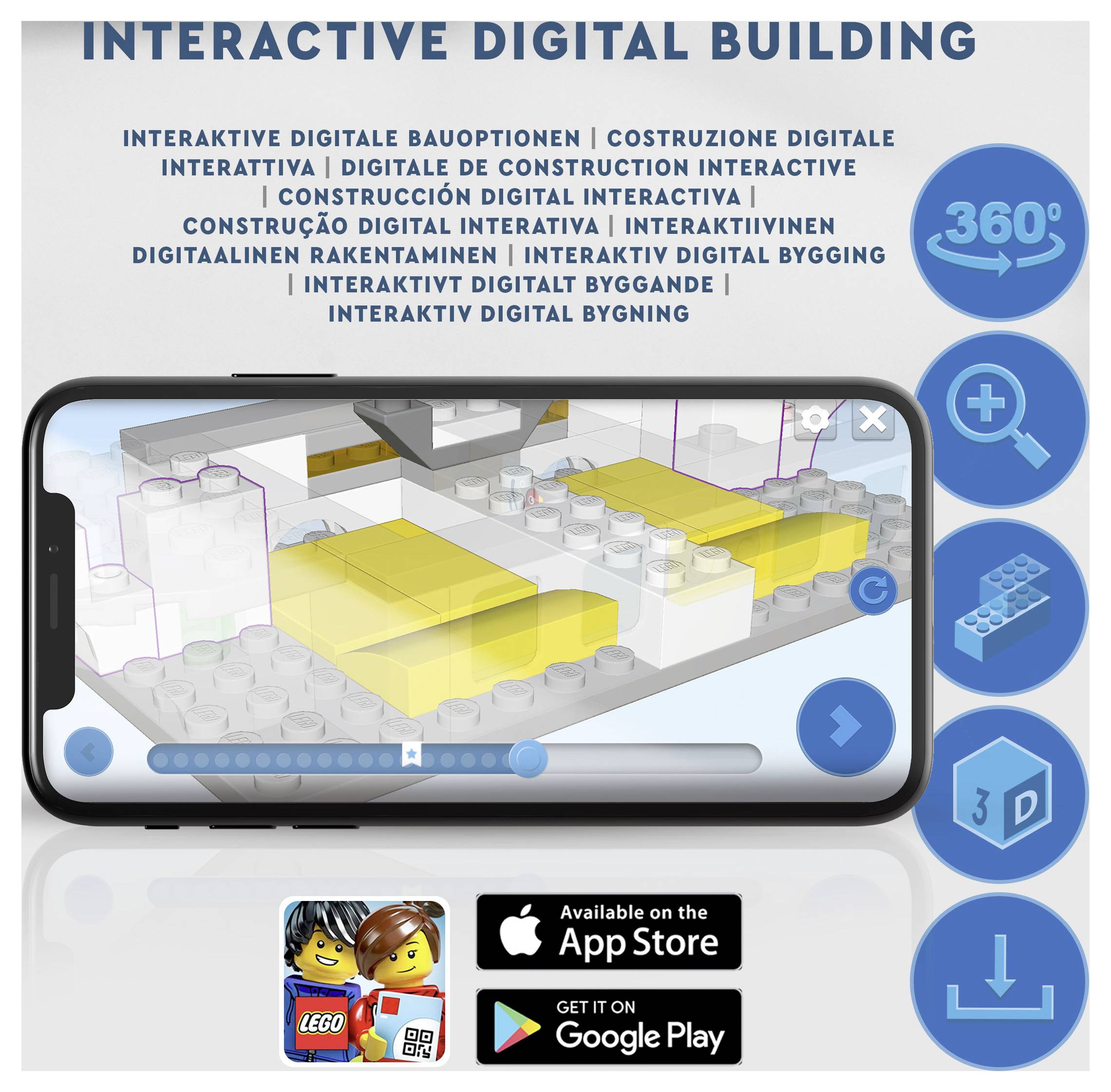 'Interactive Digital Building' interface showing a mobile phone screen with a 3D building block design and icons for 360-degree view, add, and rotate. App Store and Google Play logos at the bottom.