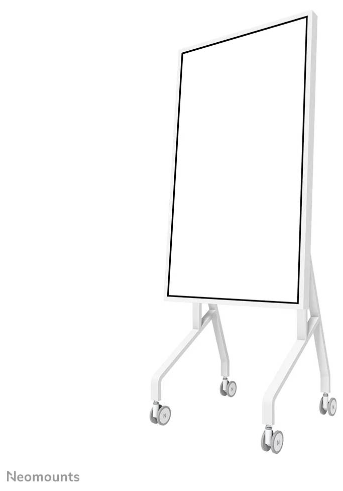 A mobile whiteboard on wheels with a blank writing surface, titled 'Neomounts' at the bottom.