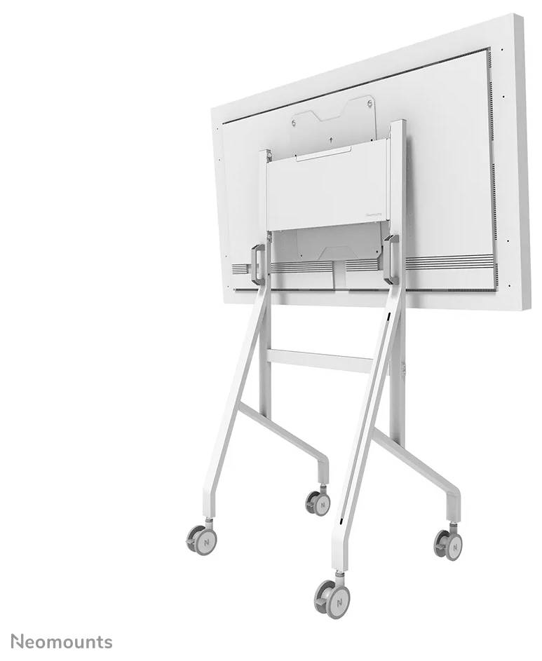 A rolling stand with adjustable height holding a large display screen, designed for mobility and ease of use in presentations or meetings.