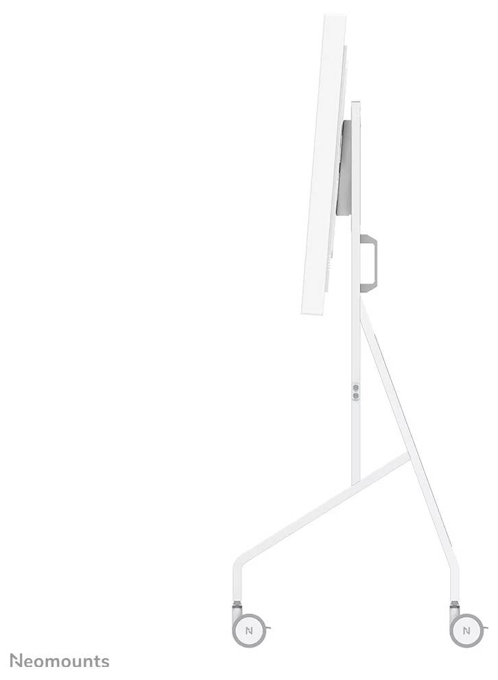 'Side view of a white mobile screen stand with wheels and a handle, shown in vertical orientation. Branding text reads 'Neomounts'.'