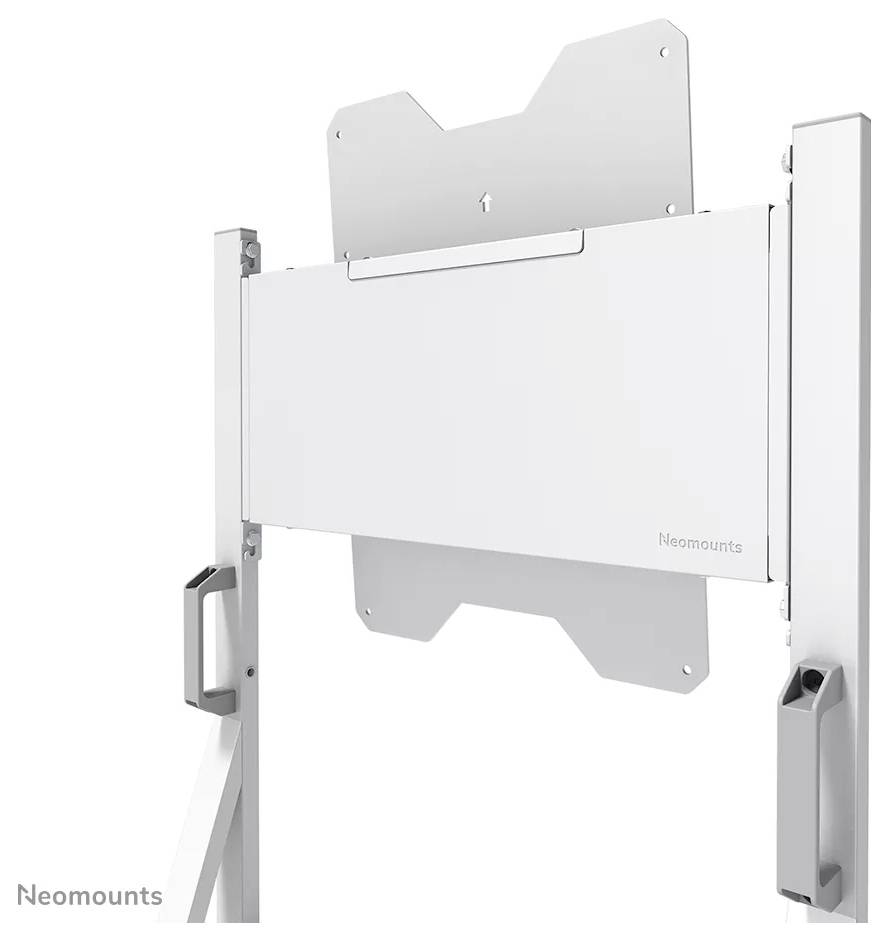 'Neomounts' wall mount bracket, silver, designed for holding a large flat-screen display. Features include adjustable height and sturdy handles.