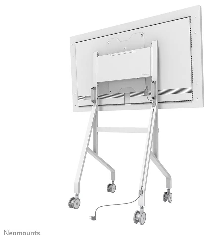 'Neomounts portable stand with wheels for monitors or TVs, viewed from the back. It has an adjustable bracket and a power cable.'