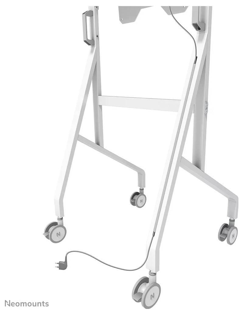 A mobile TV stand with four wheels, featuring lockable casters and a cable management system, manufactured by Neomounts.