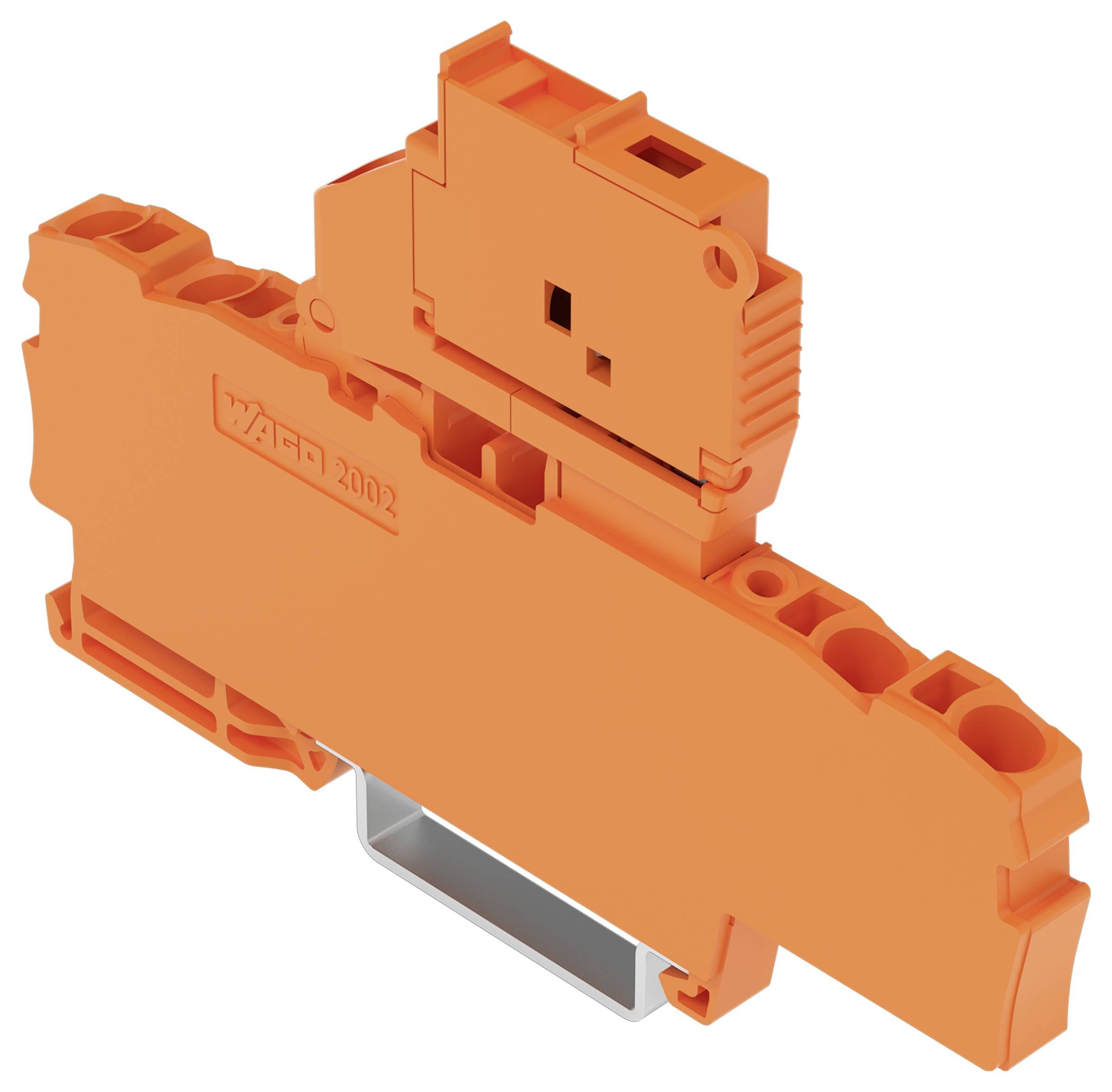 An orange electrical terminal block with a metallic mounting base designed for use in circuit and control systems.