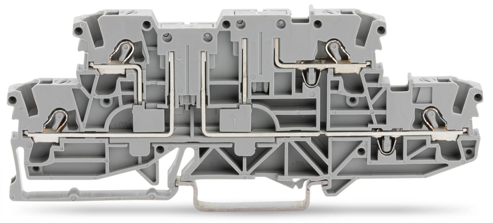 A gray, modular electrical terminal block with multiple connection points, used for organizing and connecting electrical circuits in panels.