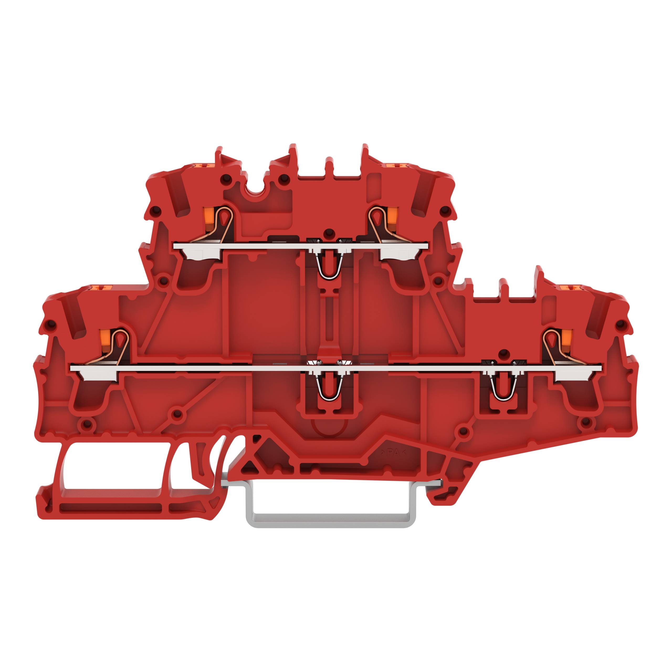 Cross-section of a red electrical terminal block showing internal conductive paths and connections.