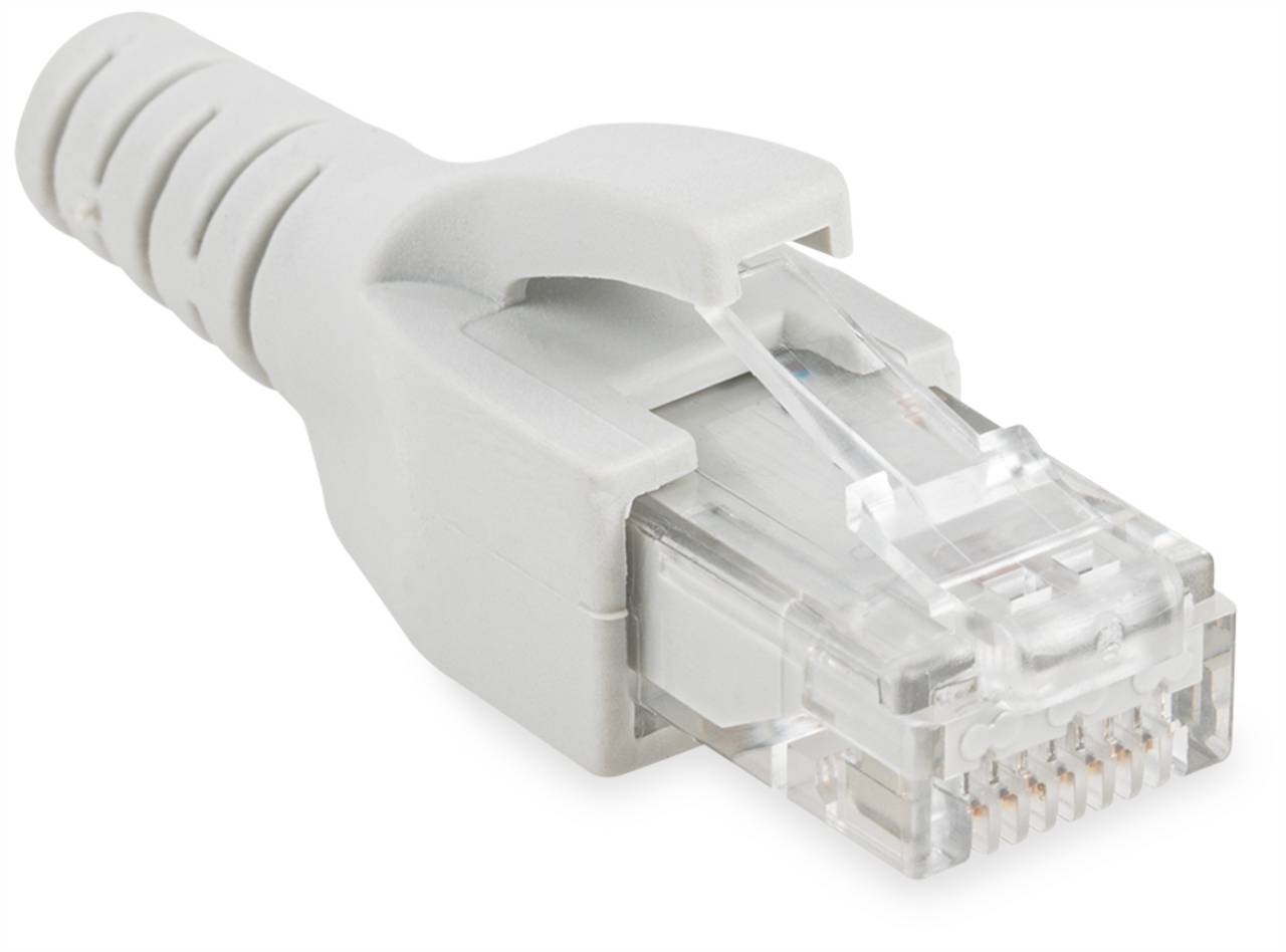Close-up of a gray Ethernet cable with transparent RJ45 connector, used for wired internet connectivity in networking devices.