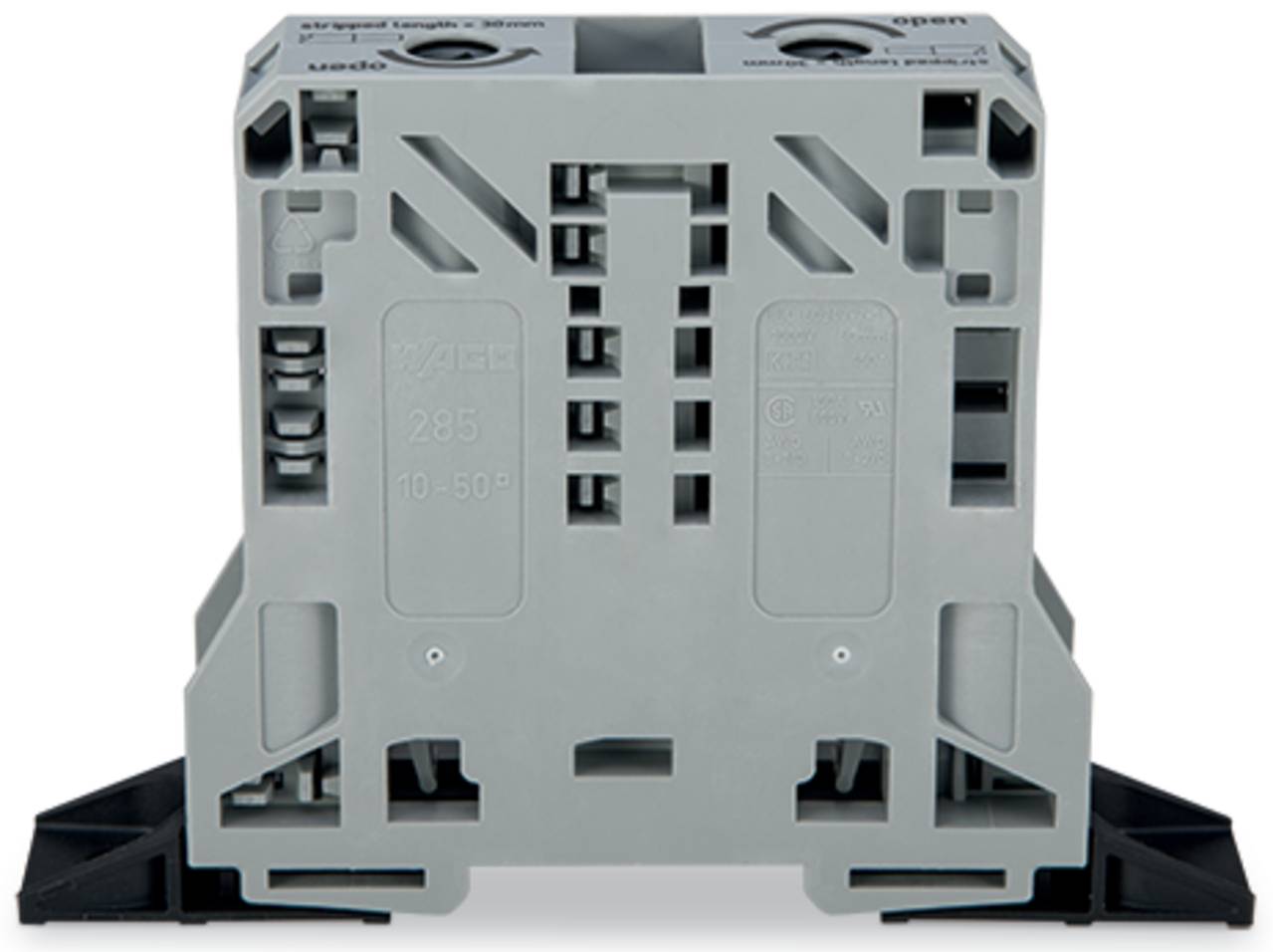 A gray electrical terminal block with multiple slots and connectors, designed for secure electrical wiring connections in industrial settings.