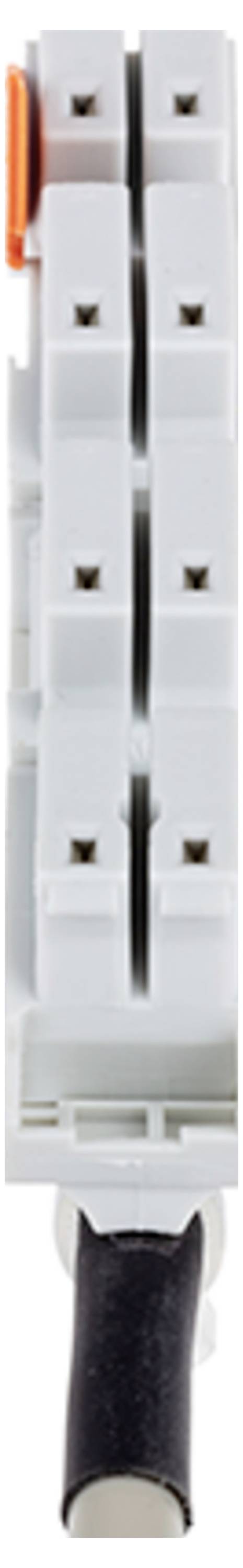 'Front view of a white electrical circuit breaker with metallic contact points and a black lever at the bottom, illustrating a safety device.'