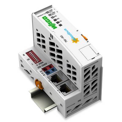 A WAGO 750-352 I/O module for DIN-rail mounting, featuring two network ports, a removable connector, and control settings for automation systems.