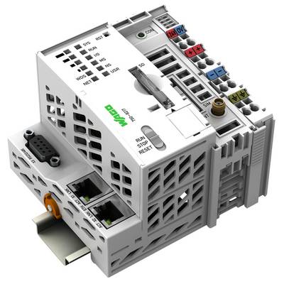 A compact industrial controller with labeled ports and switches, featuring a modular design for automation and connectivity applications.