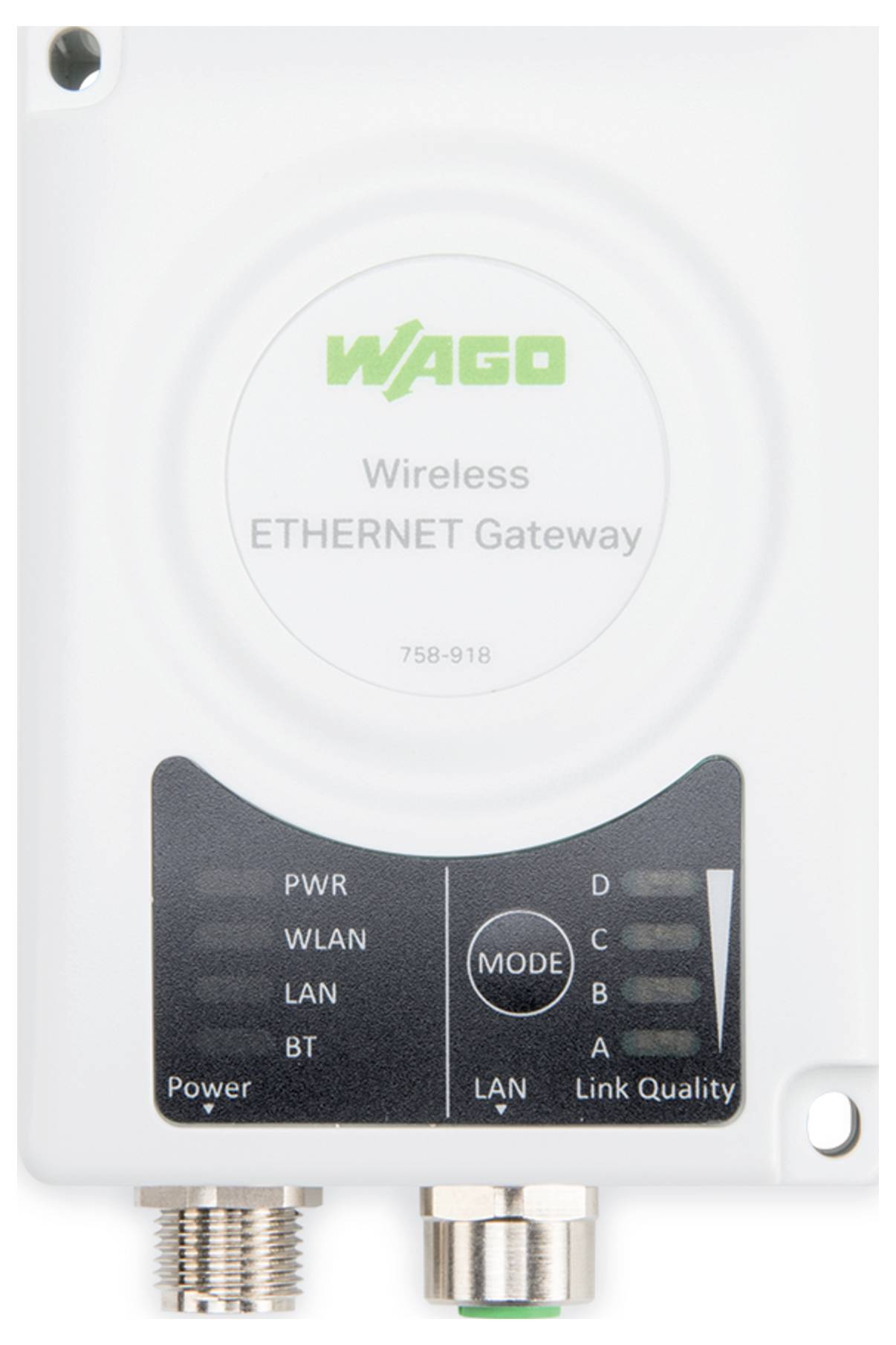 The image shows a 'WAGO Wireless ETHERNET Gateway' with indicator lights for power, WLAN, LAN, BT, mode, LAN, and link quality.