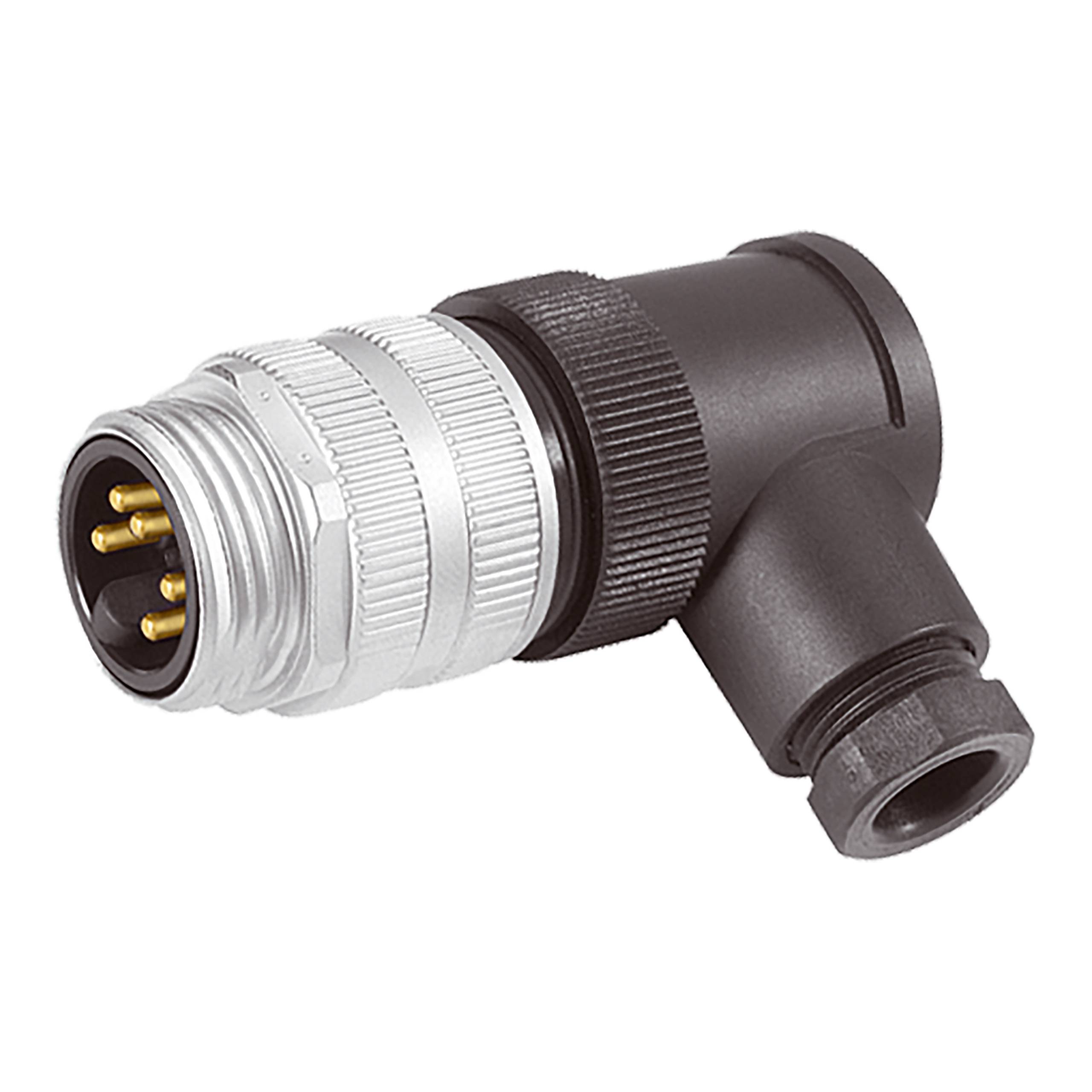 A black angled industrial plug connector with metal screw threads and gold pins, designed for securing and connecting electrical devices.