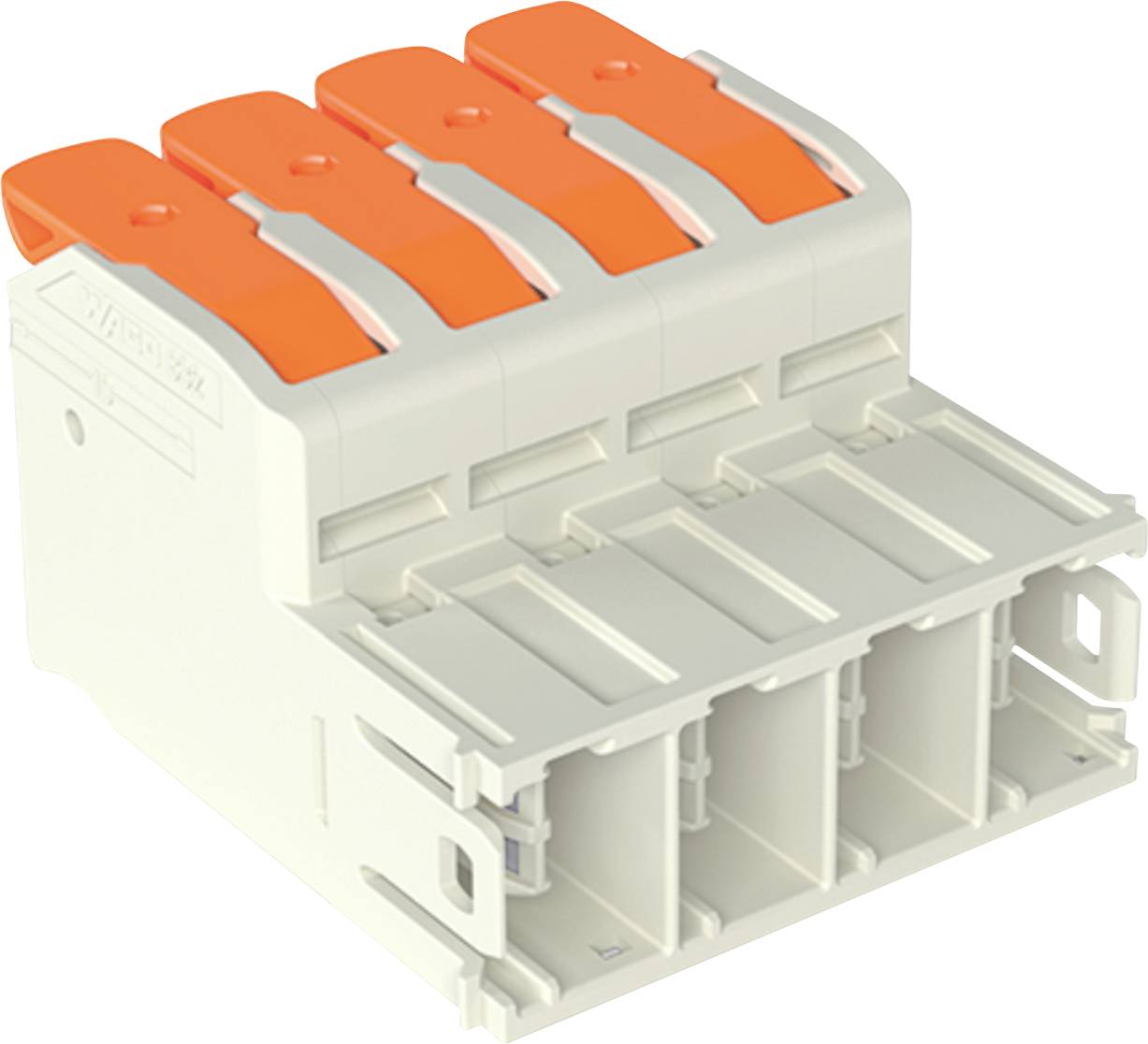 A four-port terminal block with orange levers and gray housing, used for connecting electrical wires safely and securely.