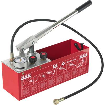 Manual hydraulic pump with pressure gauge, long lever handle, and hose attached to a red Toolcraft metal reservoir box<br>