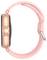 'Side view of a pink smartwatch with a round button on the side, secured with a matching silicone band and a silver buckle.'
