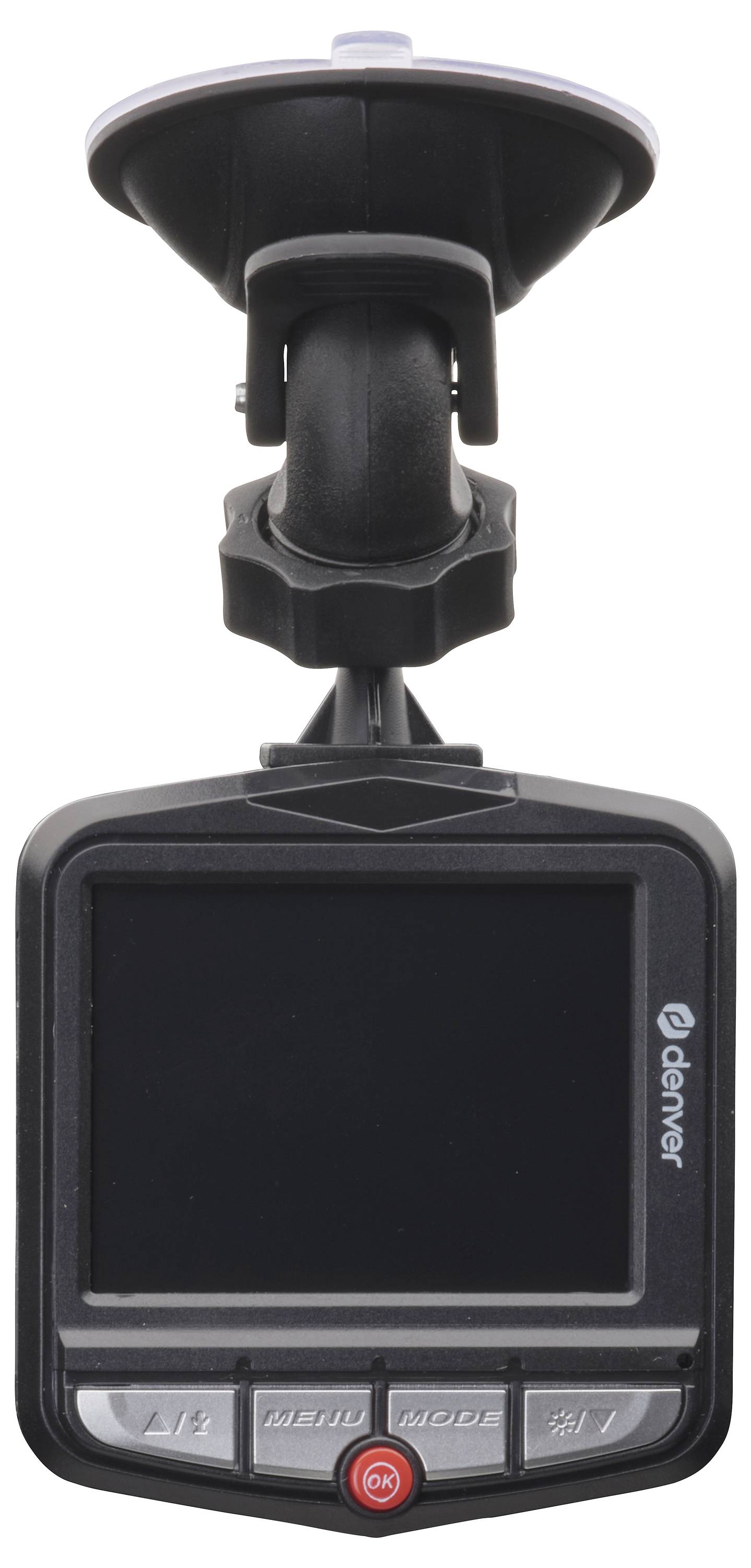 A black car dashboard camera with a suction mount, featuring a small screen and buttons labeled 'Menu' and 'Mode' on the front.