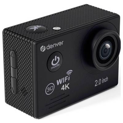 A black action camera with WiFi and 4K capabilities, featuring a 2.0-inch screen. Buttons for mode and power are visible on top.