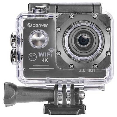 Action camera with waterproof case, labeled 'Denver', features WiFi and 4K capabilities, large lens, buttons, and mounting bracket.