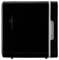 'A compact black and white mini fridge with a sleek design, viewed from the side, showing the ventilation panel.'