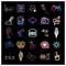 A grid of neon-style icons on a black background. Icons include a camera, burger, pretzel, ice cream, light bulb, rose, and heart symbols.
