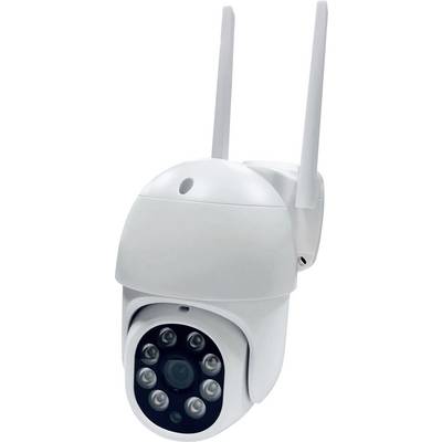 Outdoor security camera with dual antennas, infrared LEDs for night vision, in a white dome housing.
