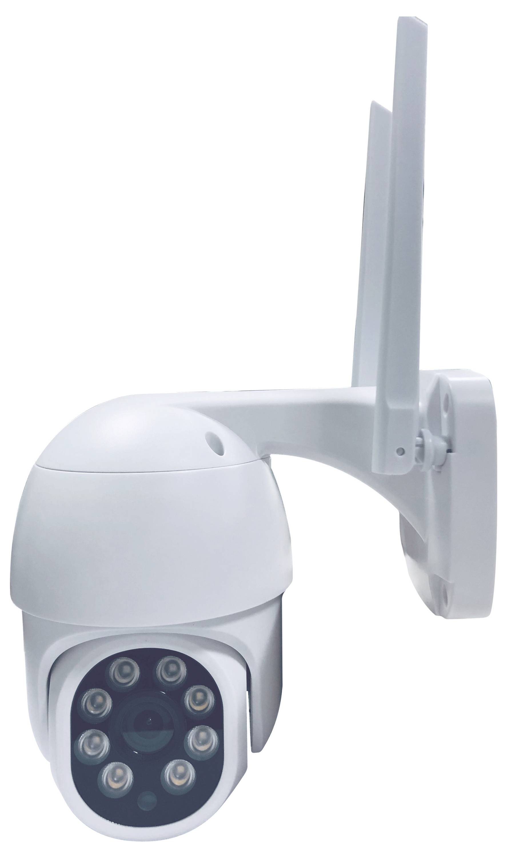 A white, wall-mounted security camera with antennas and multiple lenses, designed for surveillance and monitoring.