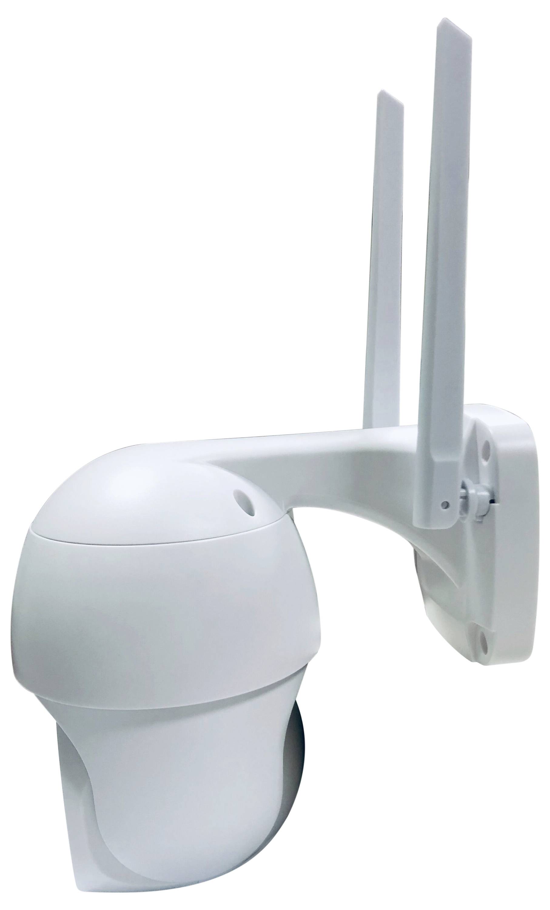 A white security camera with two antennas mounted on a wall bracket, featuring a dome-shaped housing for surveillance.