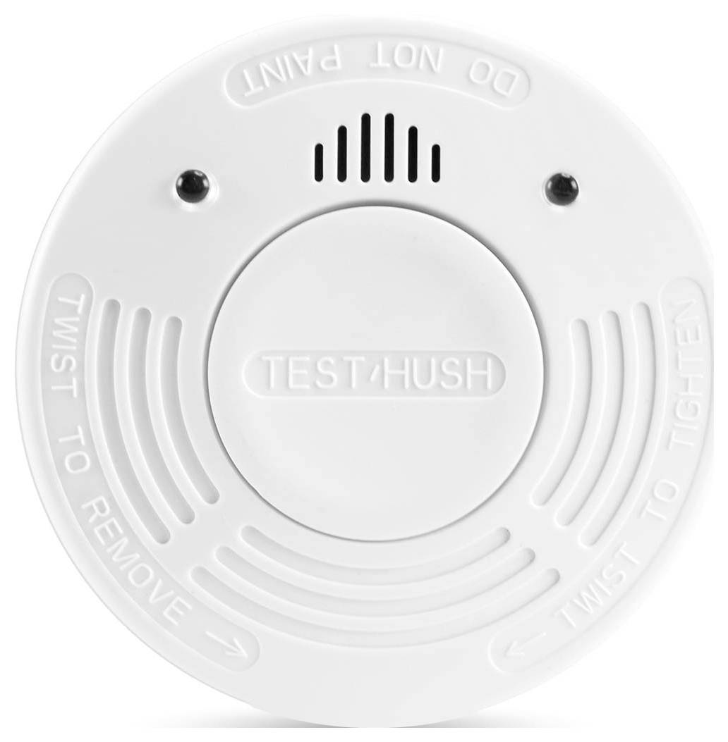 'A white smoke detector with a central button labeled TEST/HUSH and instructions stating DO NOT PAINT, TWIST TO REMOVE, and TWIST TO TIGHTEN.'