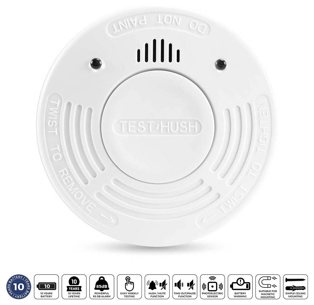 A round smoke alarm with a 'Test/Hush' button, indicators for battery life, sensitivity, and features. Icons below depict main functionalities.