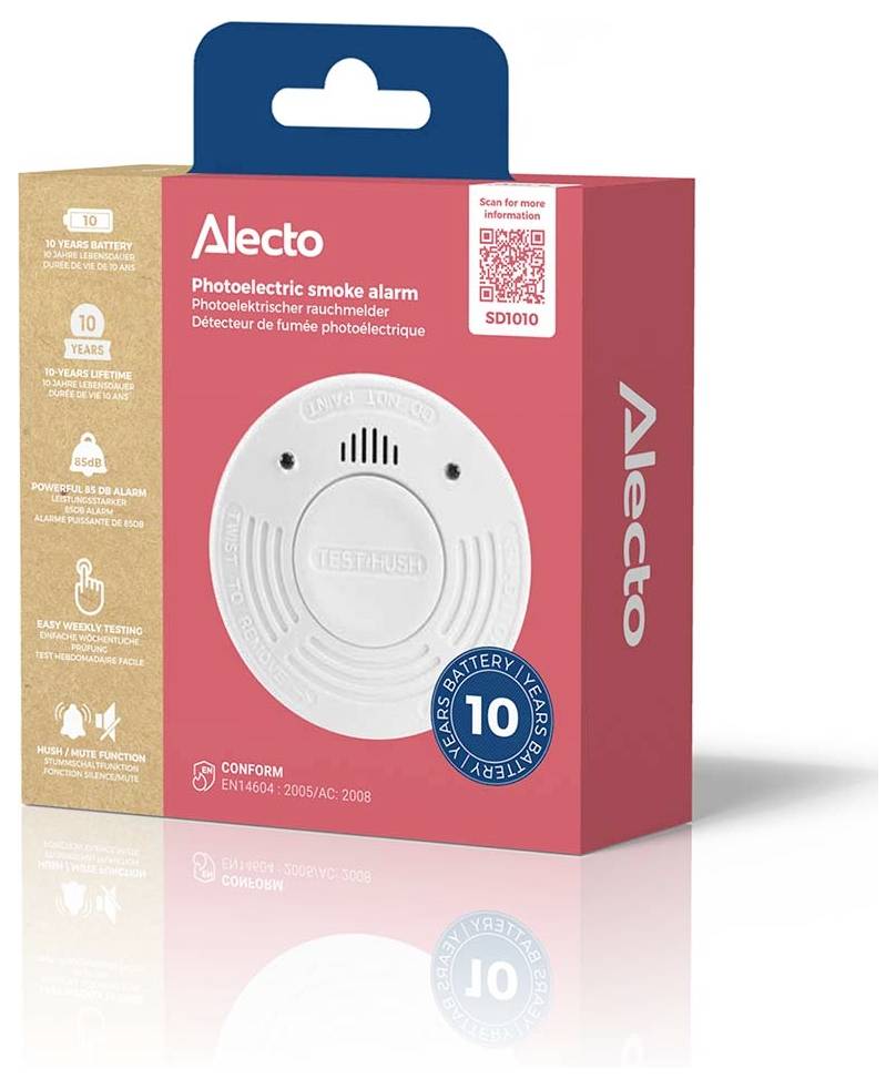 A photoelectric smoke alarm in packaging with branding 'Alecto.' Box highlights 10-year lifespan, easy installation, and safety features.