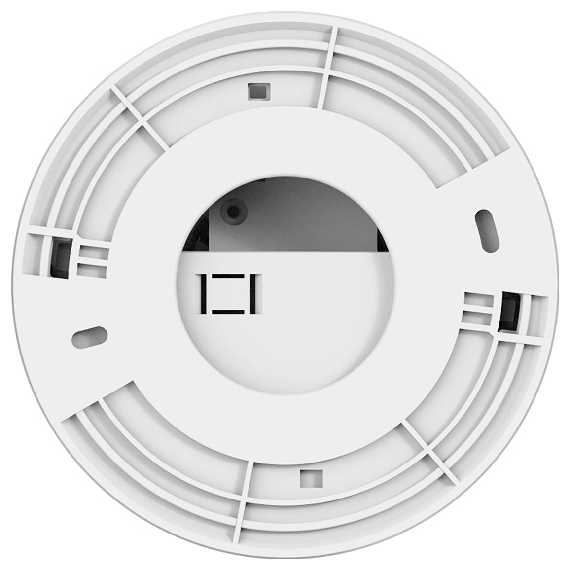 'White smoke detector mounted on a ceiling, featuring a circular design with ventilation openings for sensing smoke or heat.'