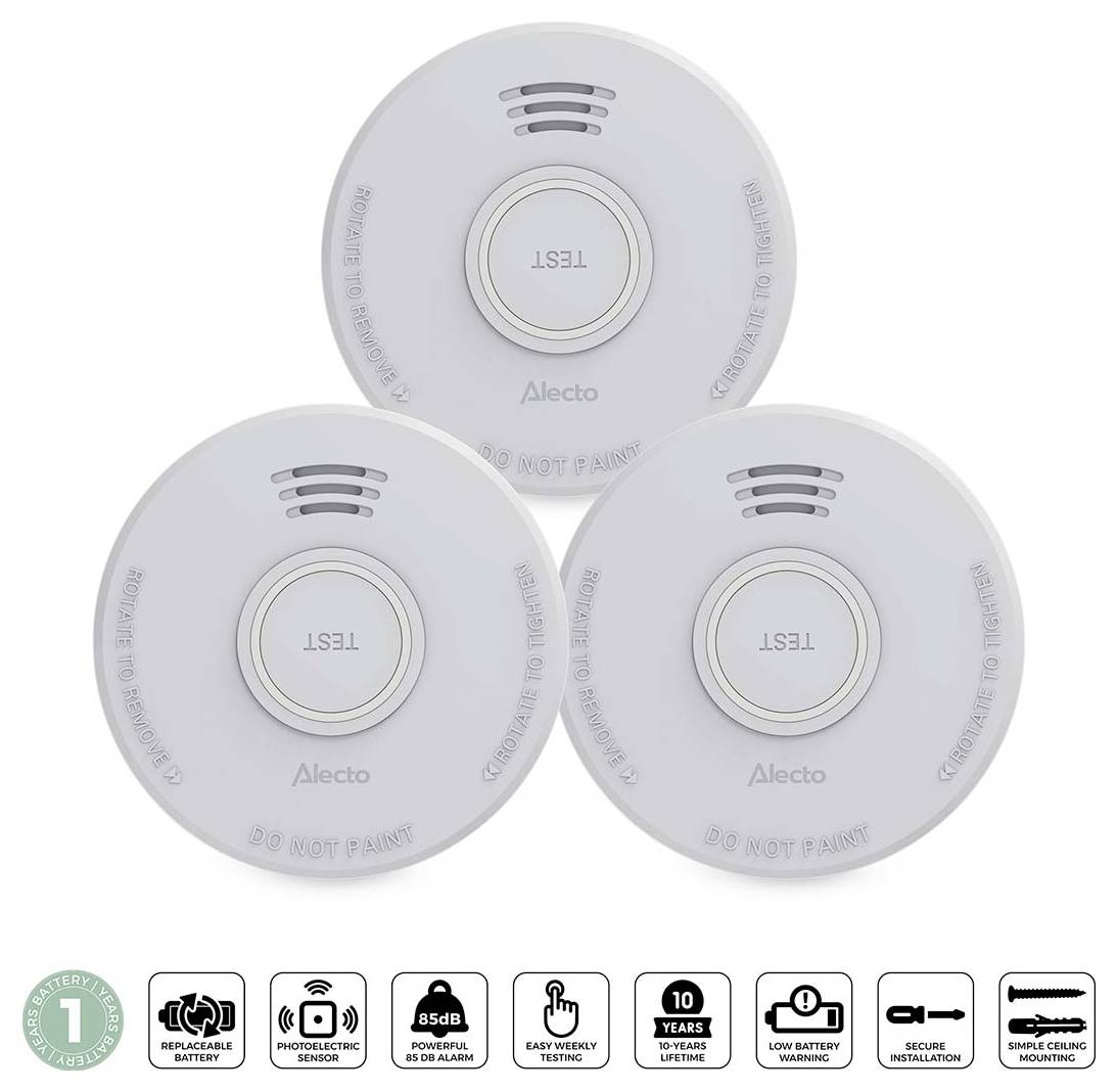 Three white smoke detectors branded 'Alecto'; each has a 'Test' button. Icons indicate features: 1-year battery, photoelectric sensor, and easy installation.