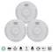 Three white smoke detectors branded 'Alecto'; each has a 'Test' button. Icons indicate features: 1-year battery, photoelectric sensor, and easy installation.