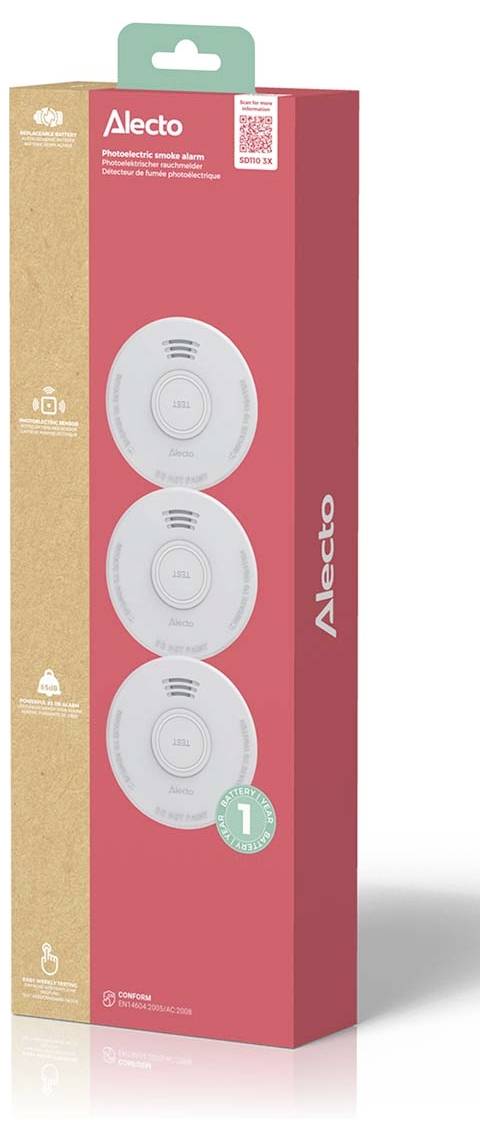 Red package containing three Alecto smoke detectors, featuring safety icons and a '1-year guarantee' label.