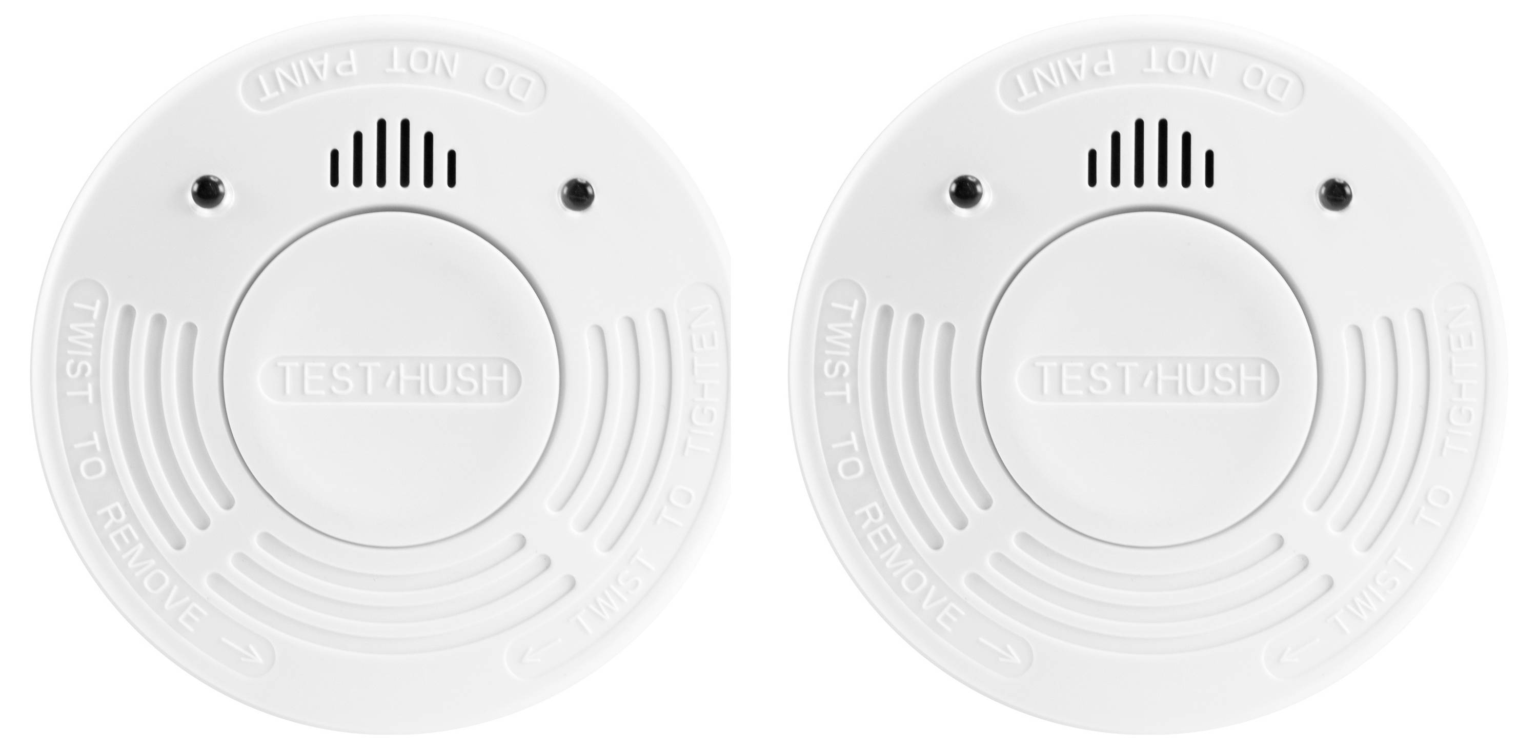 Two white smoke detectors with circular design, featuring 'TEST/HUSH' buttons and text 'TWIST TO REMOVE' engraved on the perimeter.