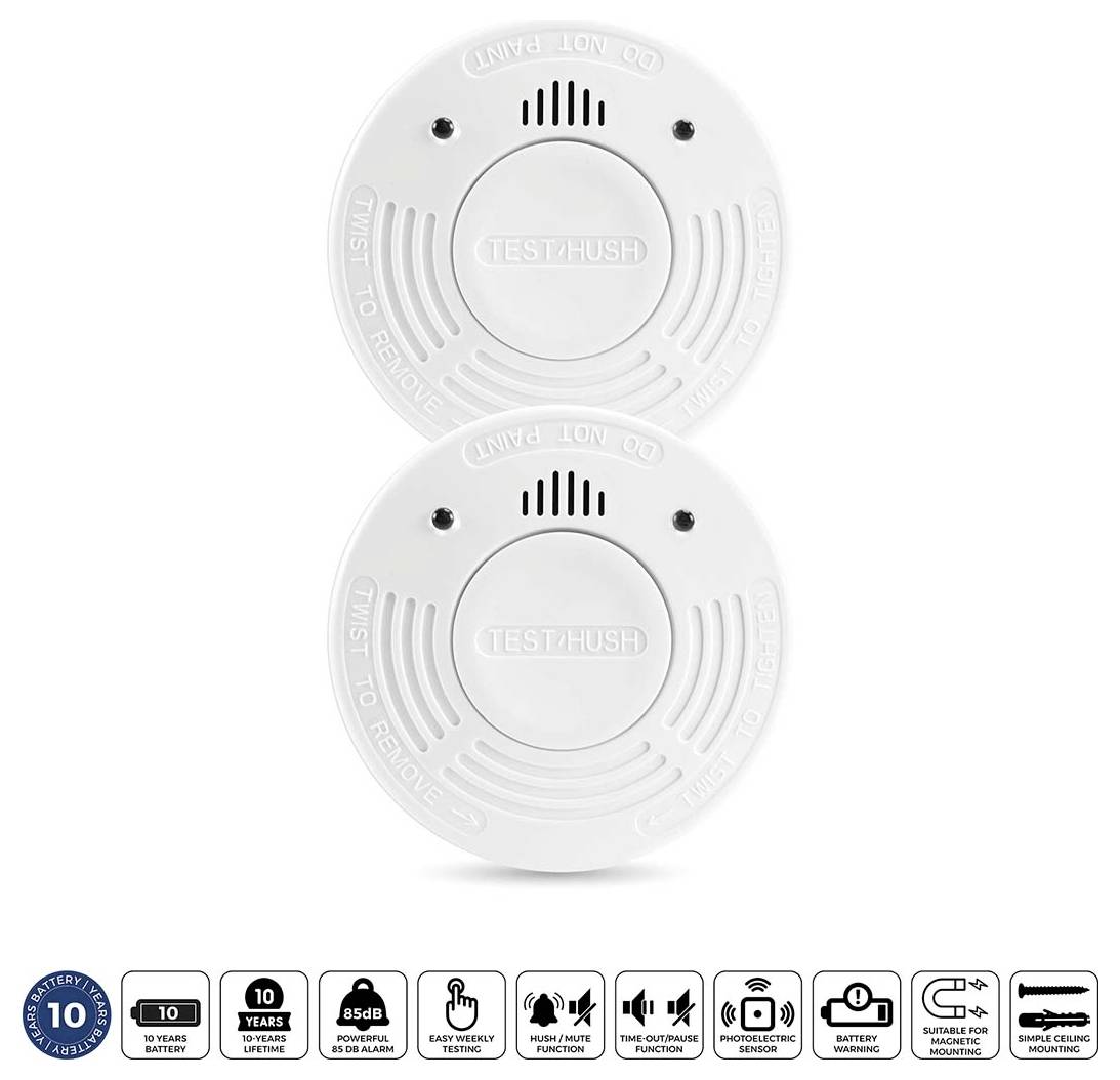 Dual white smoke detectors with 'TEST/HUSH' buttons, featuring a 10-year battery, loud alarm, and easy installation icons below.