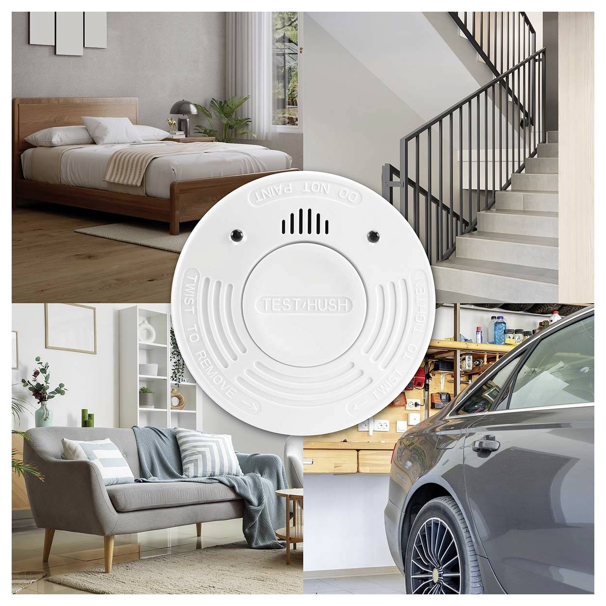 'A smoke detector with a test button and 'twist to remove' text, placed over a collage of a bedroom, staircase, living room, and garage.'