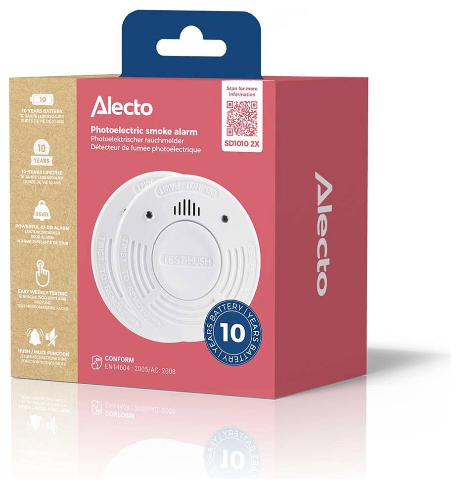 A red and white box displaying a photoelectric smoke alarm with 'Alecto' branding. Claims include a 10-year battery life and EN14604 conformity.