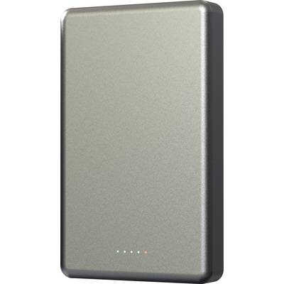 A metallic rectangular device with a smooth finish and five small indicator lights at the bottom, suggesting charge level status.