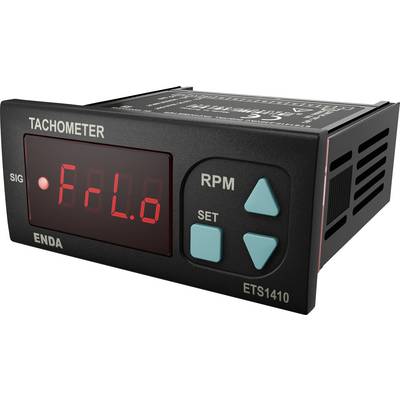 Tachometer display showing 'FLO'; features RPM and SET buttons, with two turquoise arrow buttons; labeled 'ENDA ETS1410'.