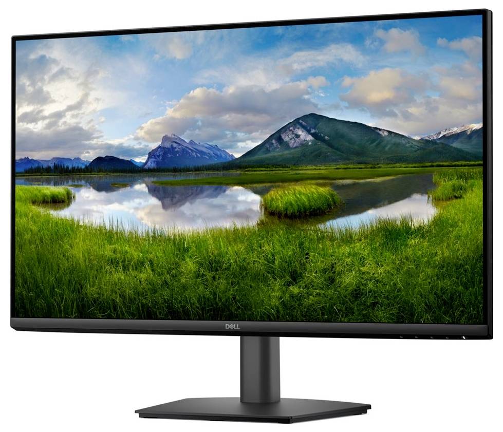 A Dell monitor displays a landscape with mountains, a lake, and grassy plains under a cloudy sky.
